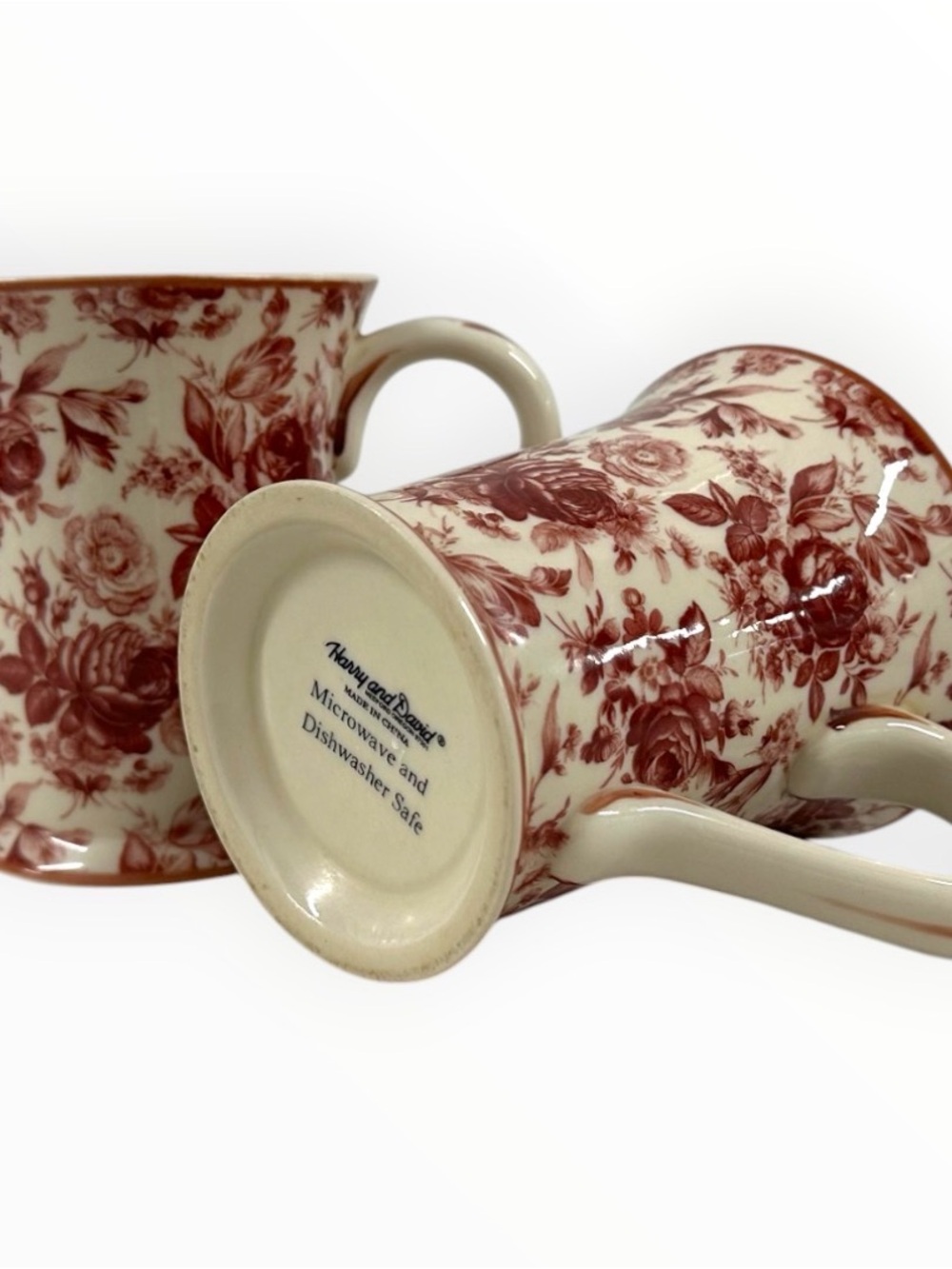 Harry & David Floral Toile Coffee Mugs Set of 2 Red Cream Ceramic China - Picture 7 of 11